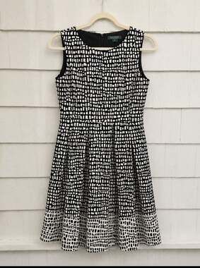 Lauren Ralph Lauren Dress 10 Black White Fit & Flare Sleeveless Midi Career